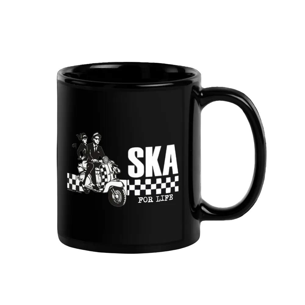 Black mug with ska-themed design featuring two people on a scooter and 'Ska for Life' text.